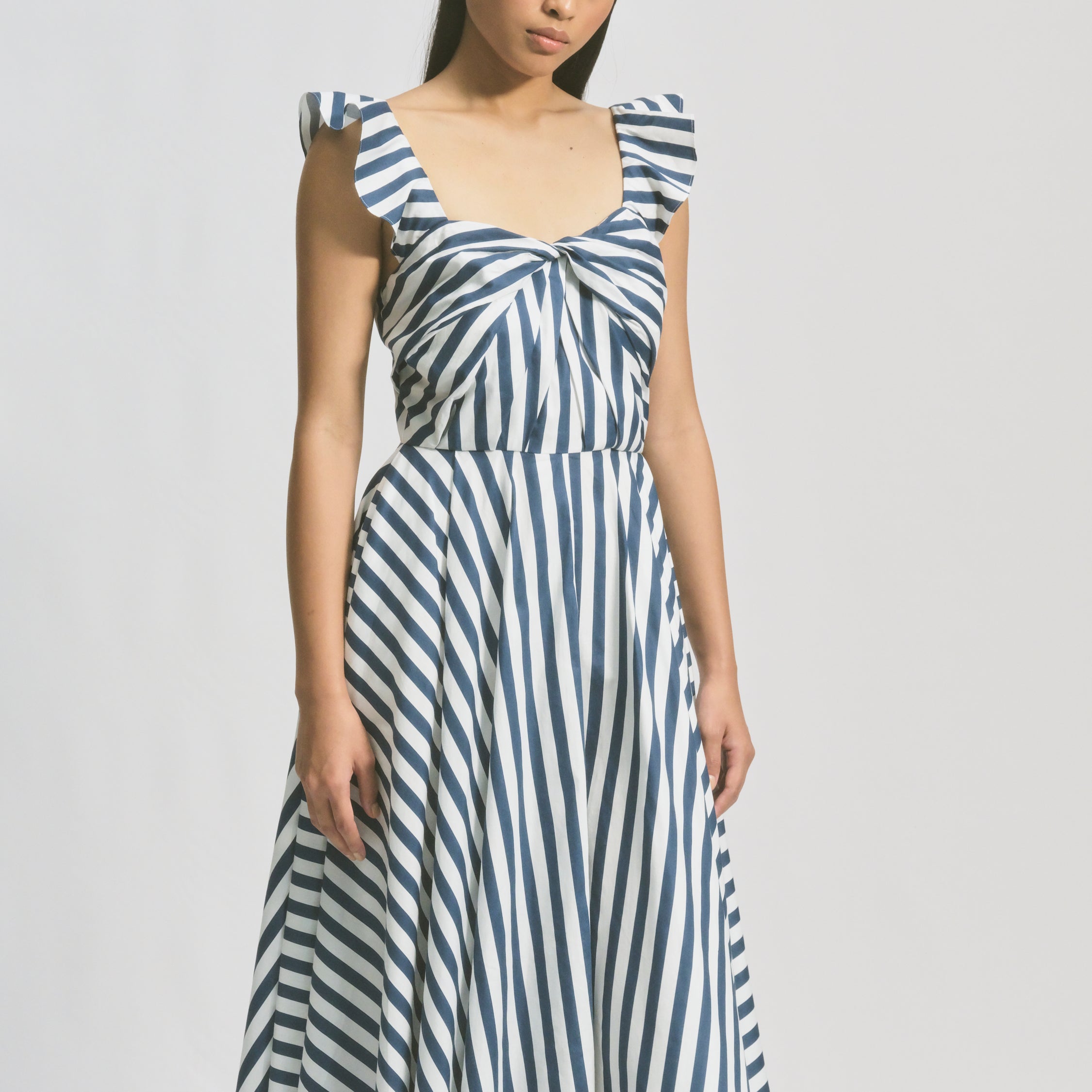 Twist Front Dress in Khaki / Stripe